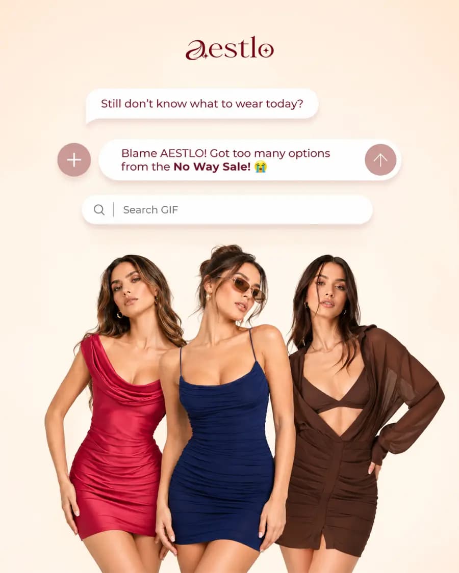 Aestlo social post: three models in red, navy and brown dresses beside a chat about what to wear today