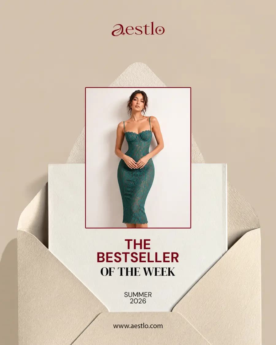 Aestlo poster: a green midi dress on a card in an envelope, titled The bestseller of the week