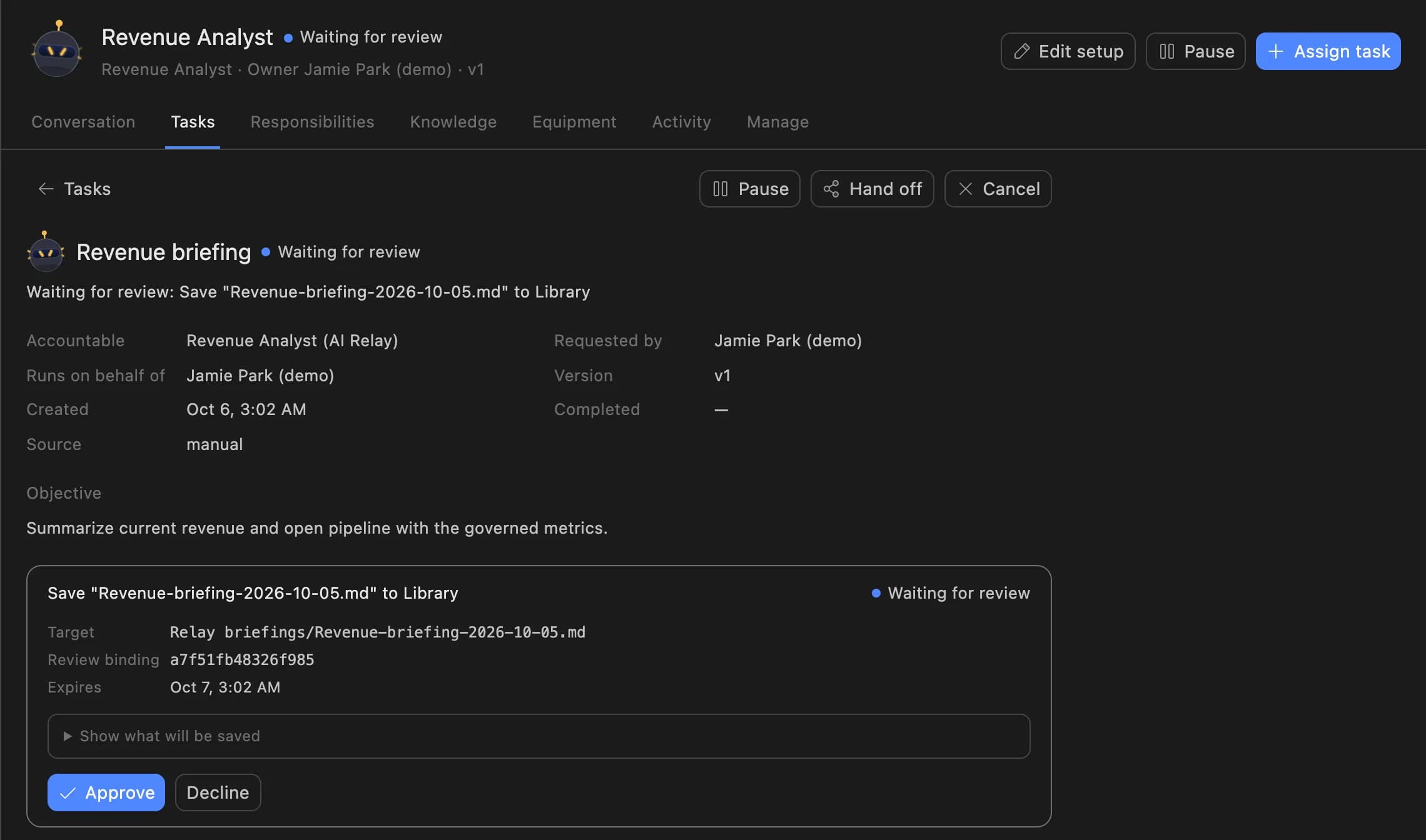A Relay task in Agent Serve waiting for review: the Revenue Analyst asks to save a revenue briefing to the Library, with Approve and Decline buttons.