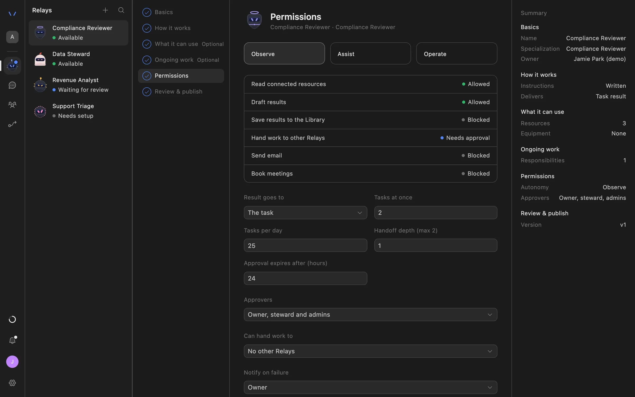 Relay setup in Agent Serve on the Permissions step: Observe, Assist and Operate autonomy levels, each action marked Allowed, Needs approval or Blocked, daily task limits, approval expiry and who can approve.