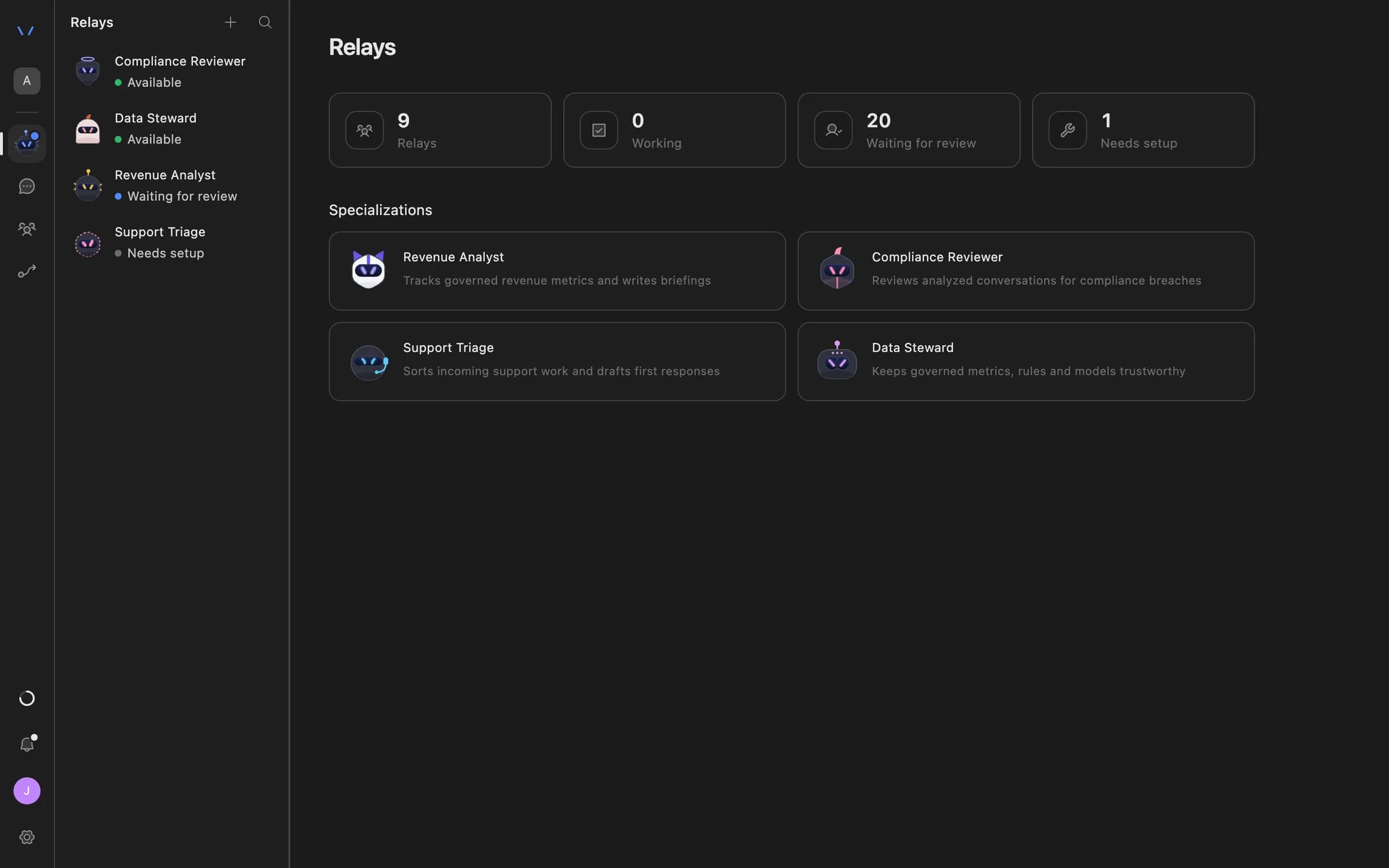 The Relays page in Agent Serve listing AI coworkers — Compliance Reviewer, Data Steward, Revenue Analyst and Support Triage — with their status and specializations.